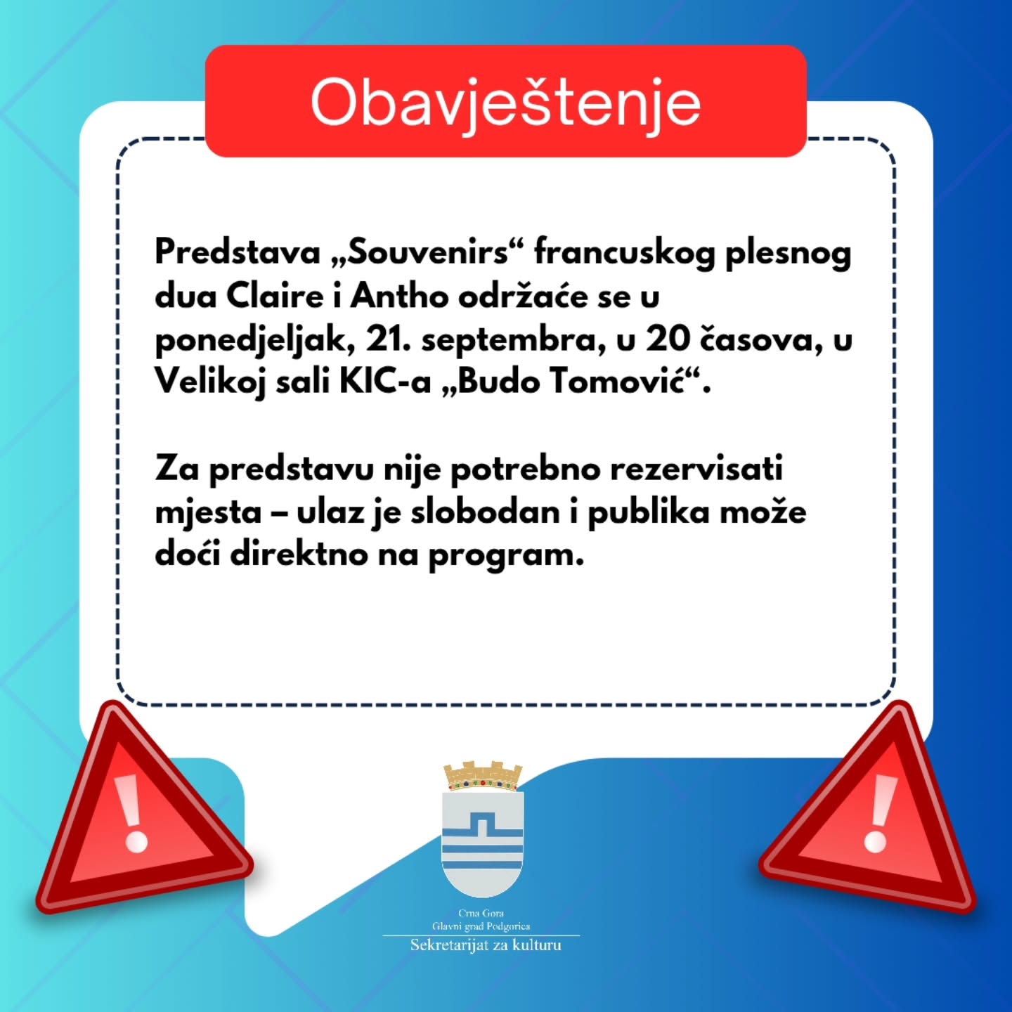 Predstava „Souvenirs" francuskog plesnog dua Claire i Antho, Velika sala KIC-a „Budo Tomović"